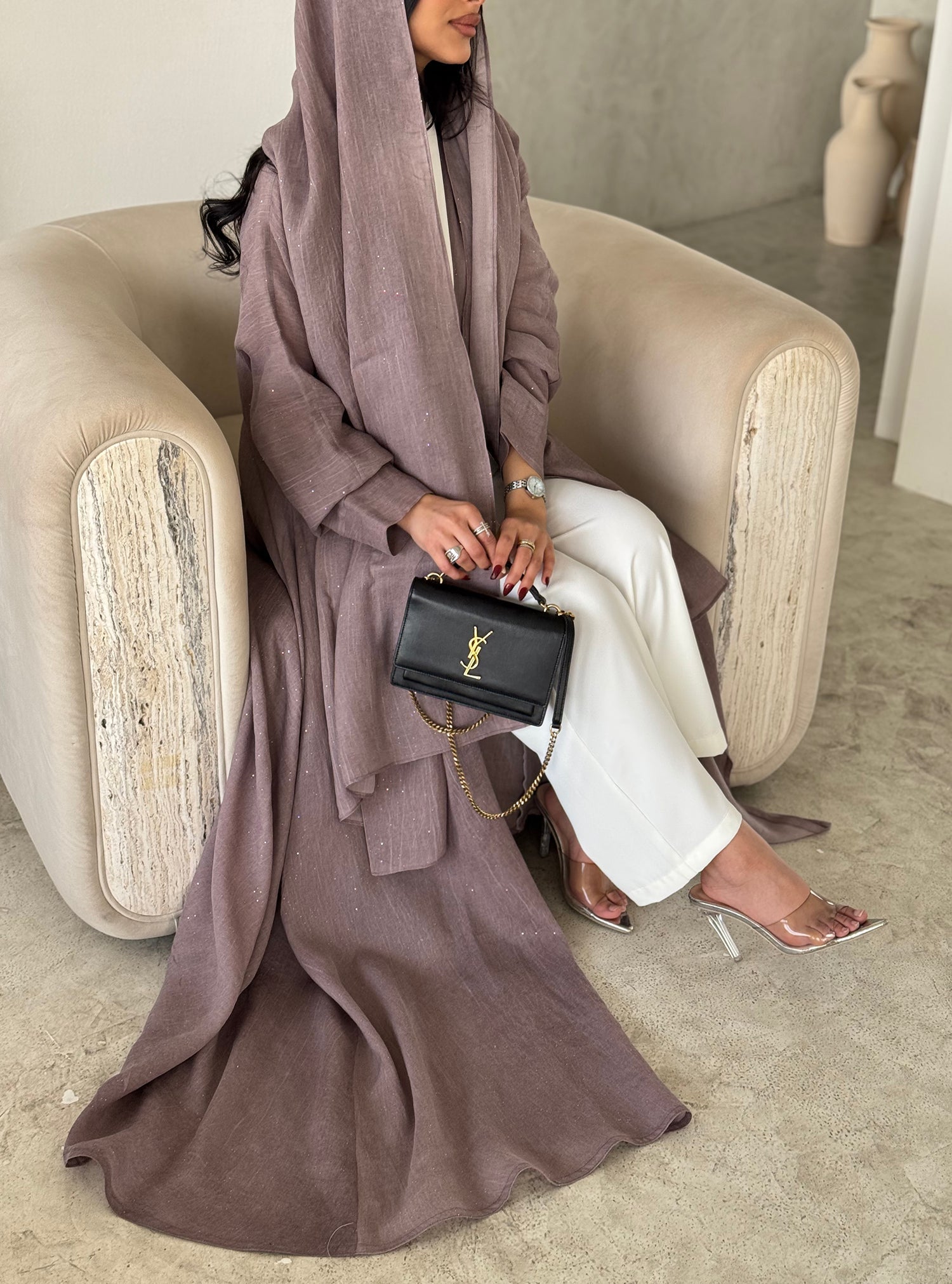FAB167-Pink Glitter Linen A-Cut Abaya