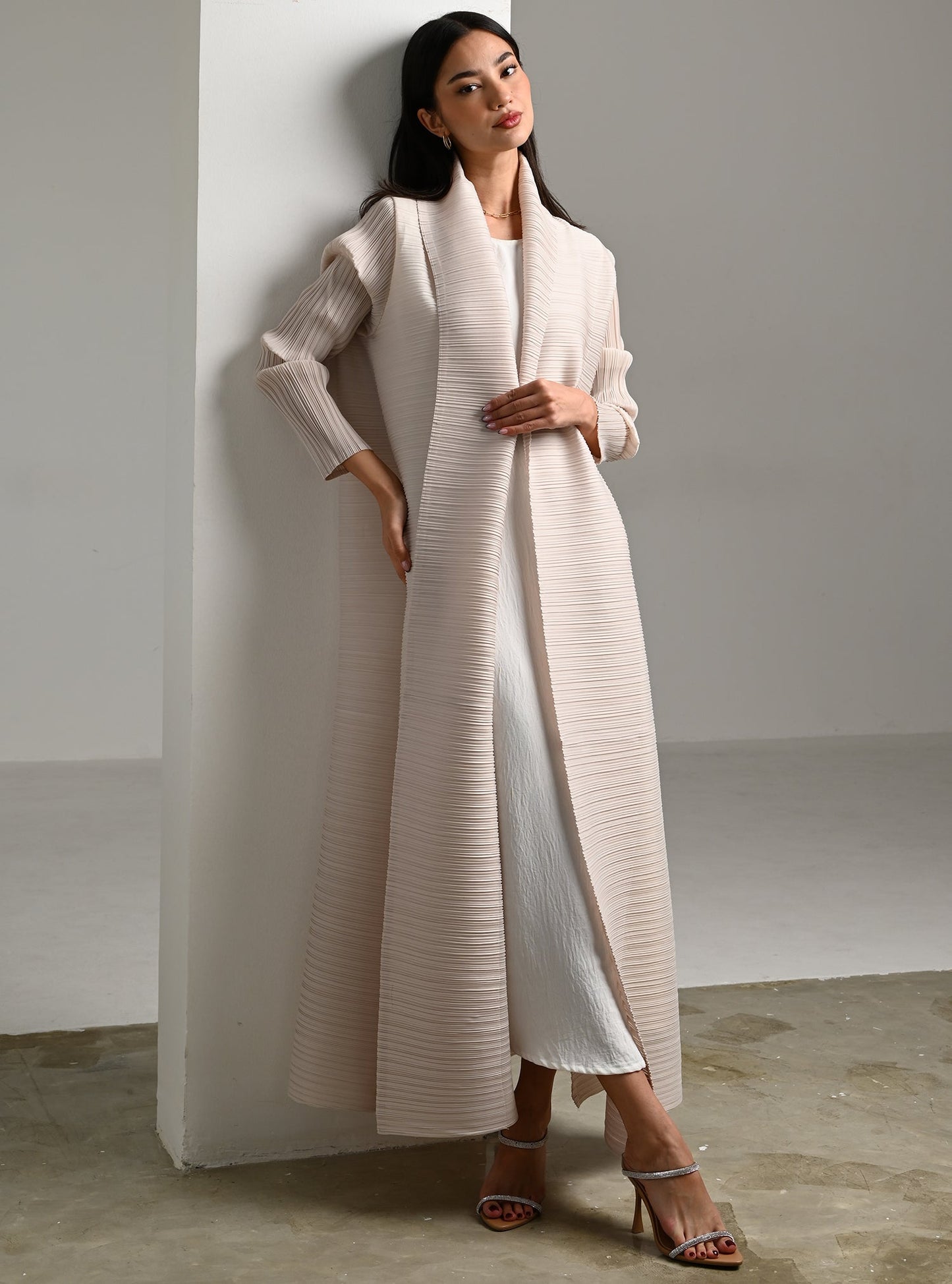 FAB113-Cream Pleats Abaya with headscarf
