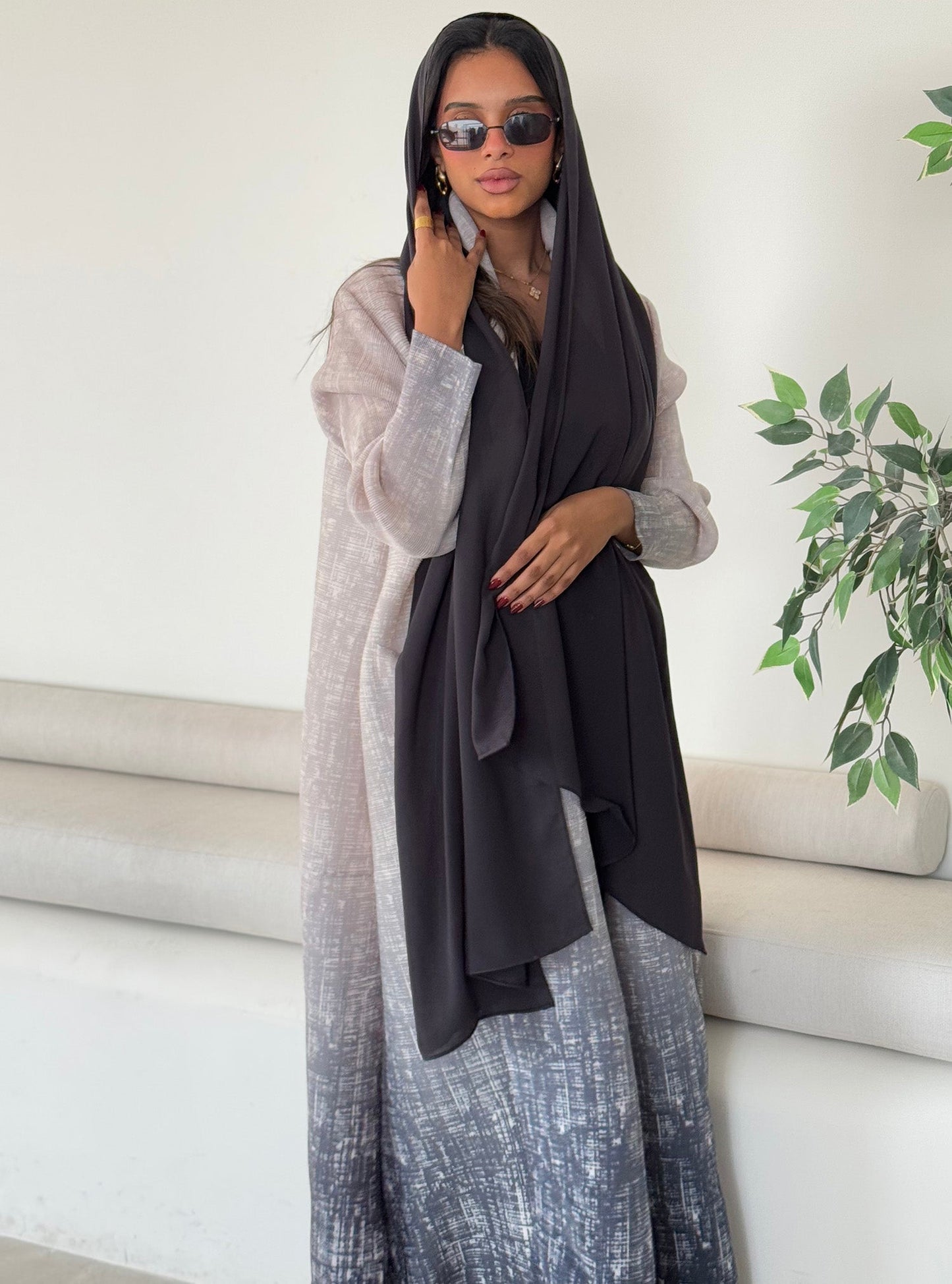 FAB128-Grey Ombre Pocket Abaya with headscarf