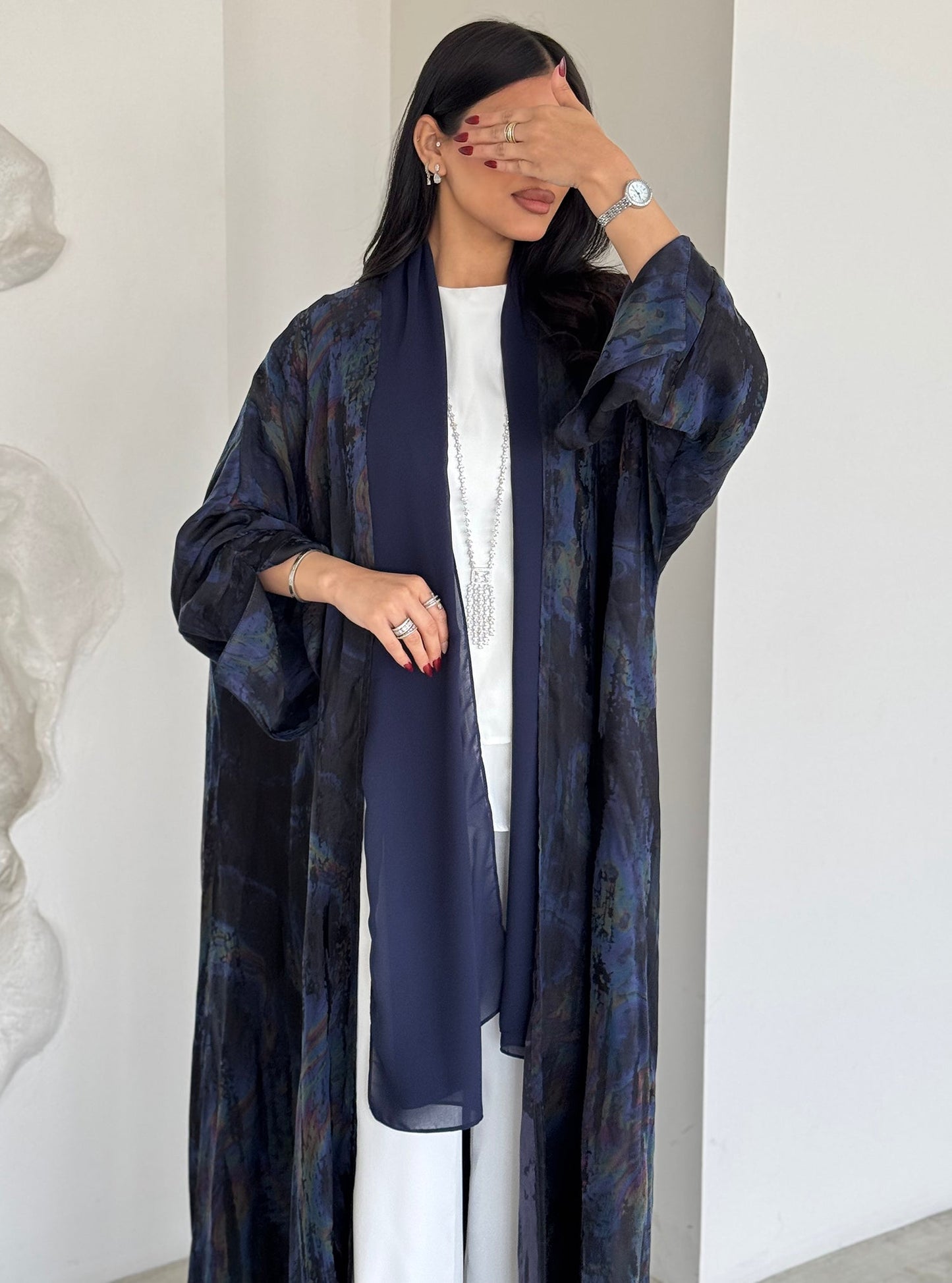 FAB156- Blue Swirl Marble Jacquard A-Cut Abaya