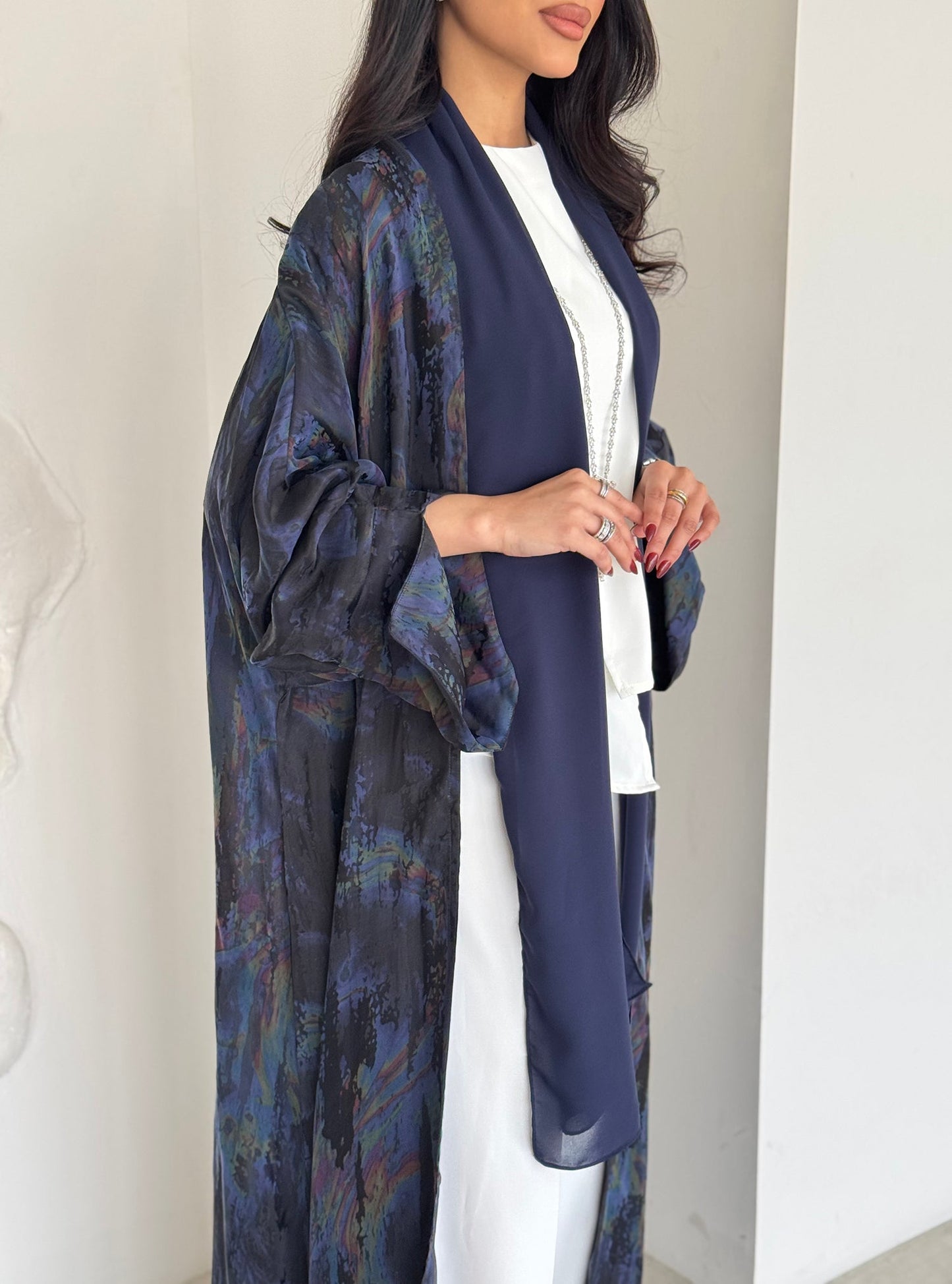 FAB156- Blue Swirl Marble Jacquard A-Cut Abaya