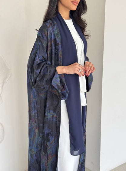 FAB156- Blue Swirl Marble Jacquard A-Cut Abaya