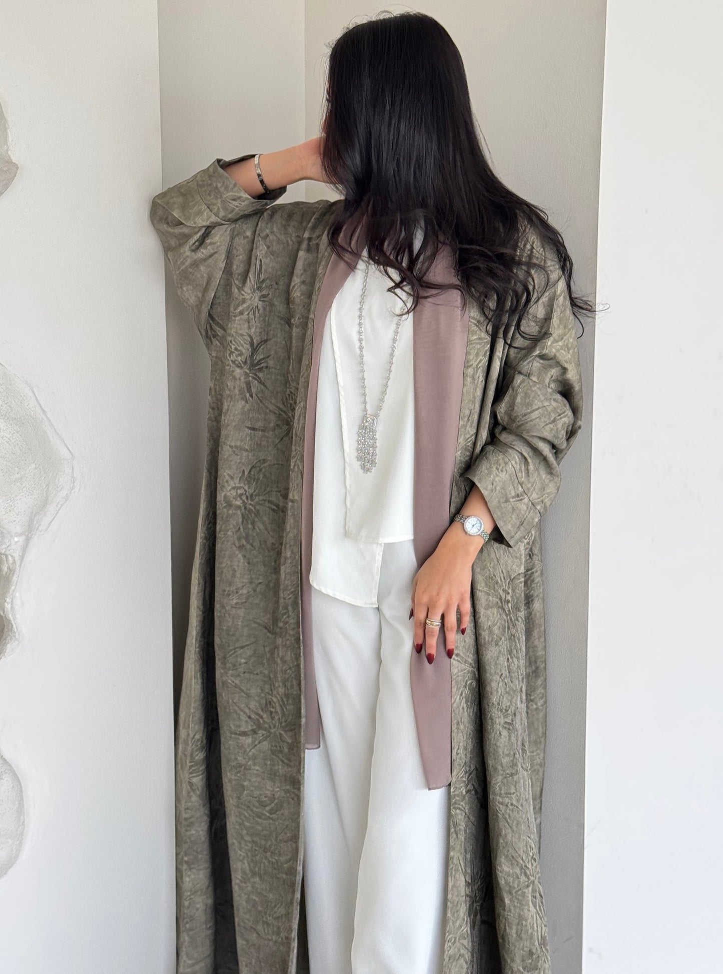 FAB164- Beige Jacquard Silk Abaya