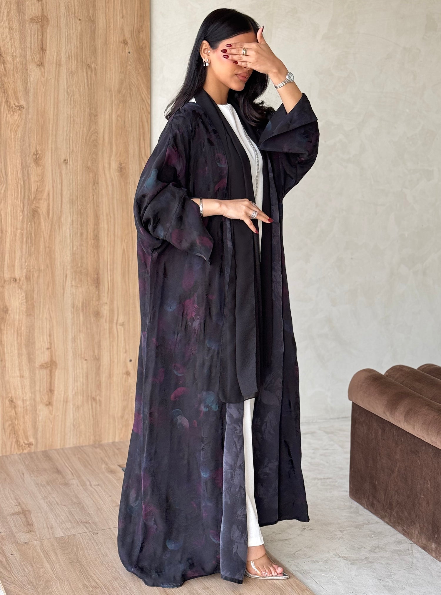 FAB158-Black Rose Jacquard A-Cut Abaya