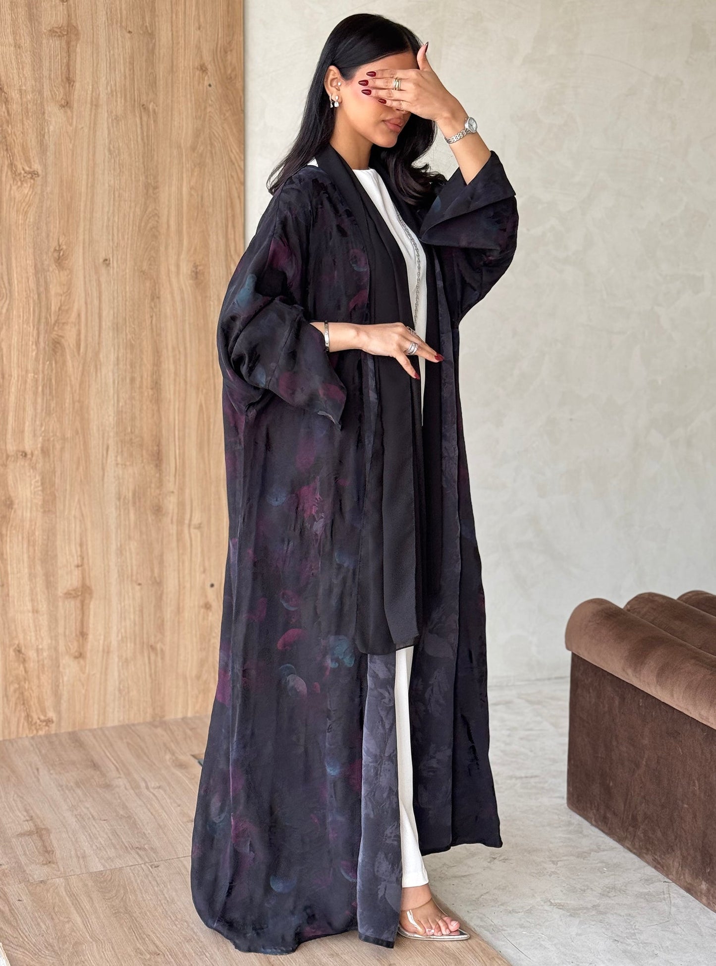 FAB158-Black Rose Jacquard A-Cut Abaya