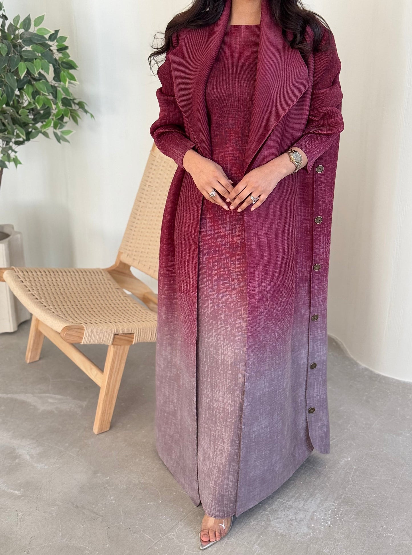 FAB129-Burgundy Ombre Abaya Set with headscarf