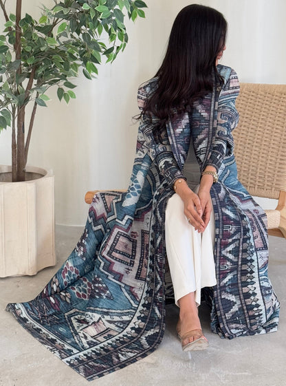 FAB132-Turquoise Pattern Pleats Abaya With Headscarf