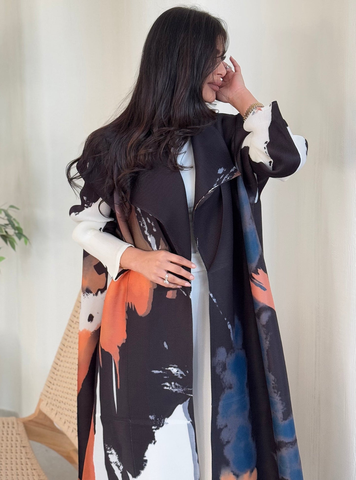 FAB130-Black Orange Pattern Pleats Abaya With Headscarf