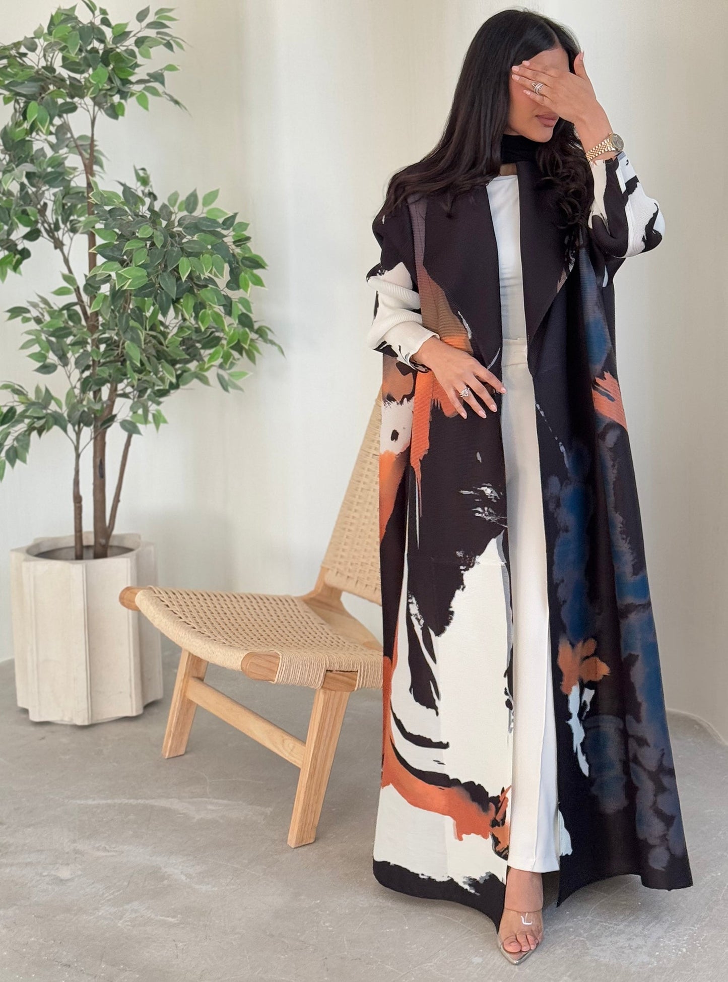FAB130-Black Orange Pattern Pleats Abaya With Headscarf