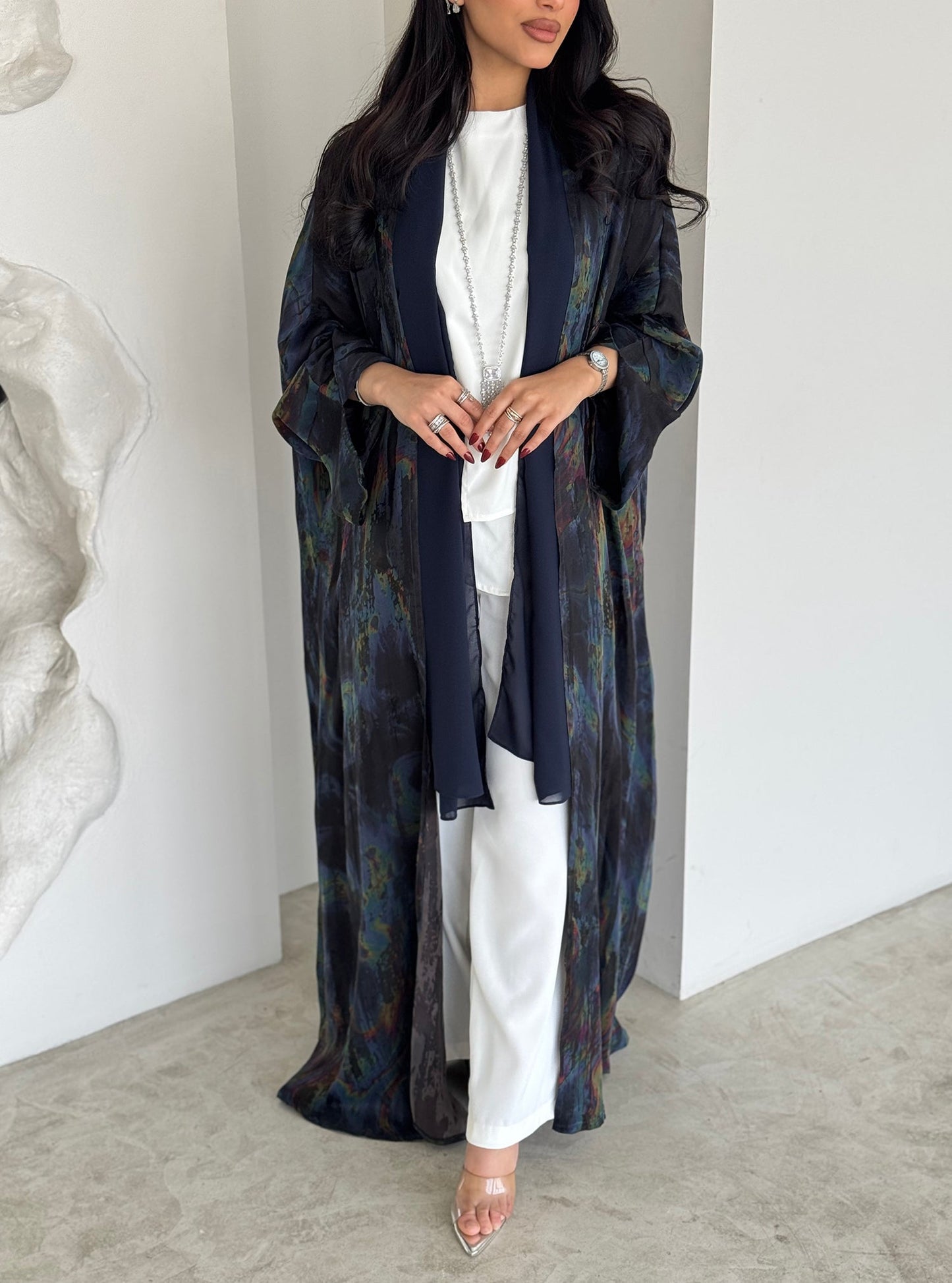 FAB155-Rainbow Marble Jacquard A-Cut Abaya