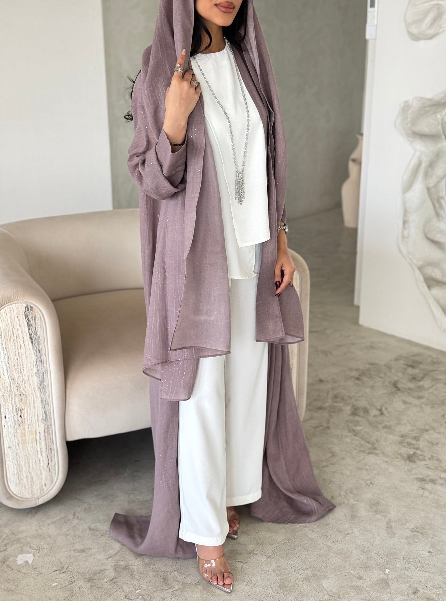 FAB167-Pink Glitter Linen A-Cut Abaya Set