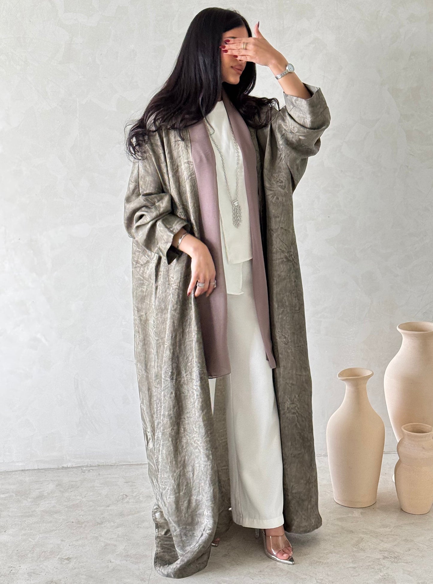 FAB164- Beige Jacquard Silk Abaya