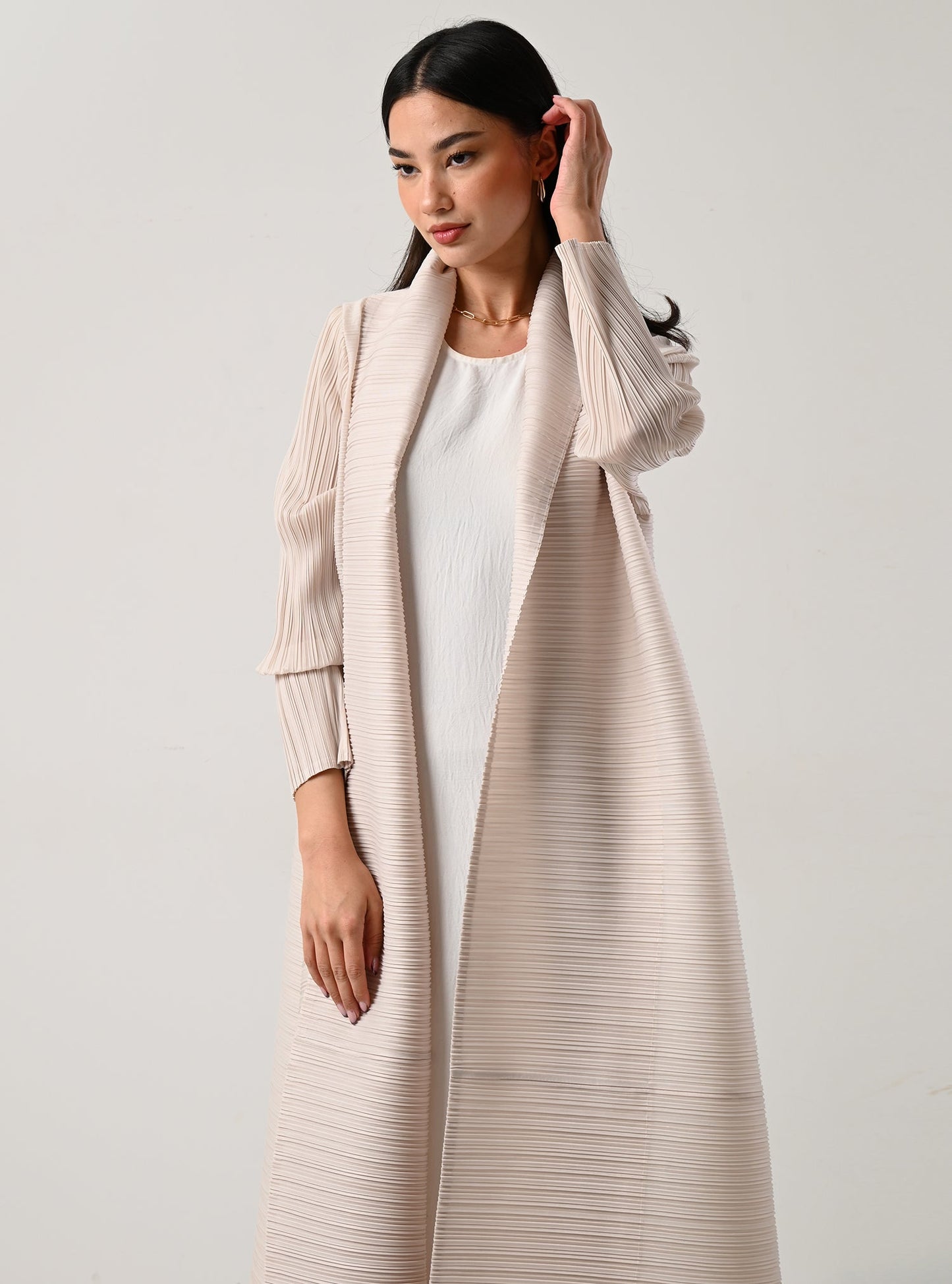 FAB113-Cream Pleats Abaya with headscarf
