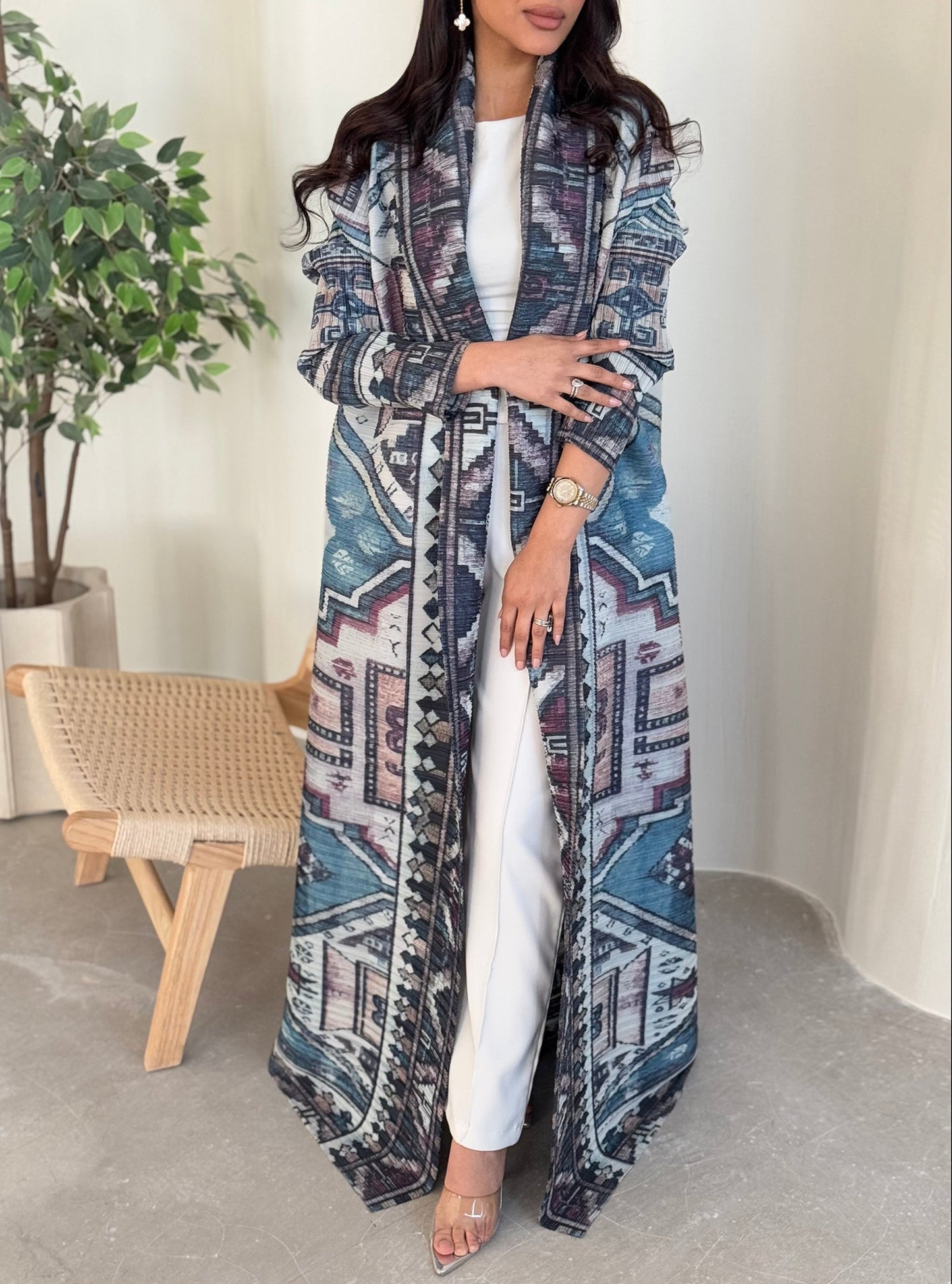 FAB132-Turquoise Pattern Pleats Abaya With Headscarf