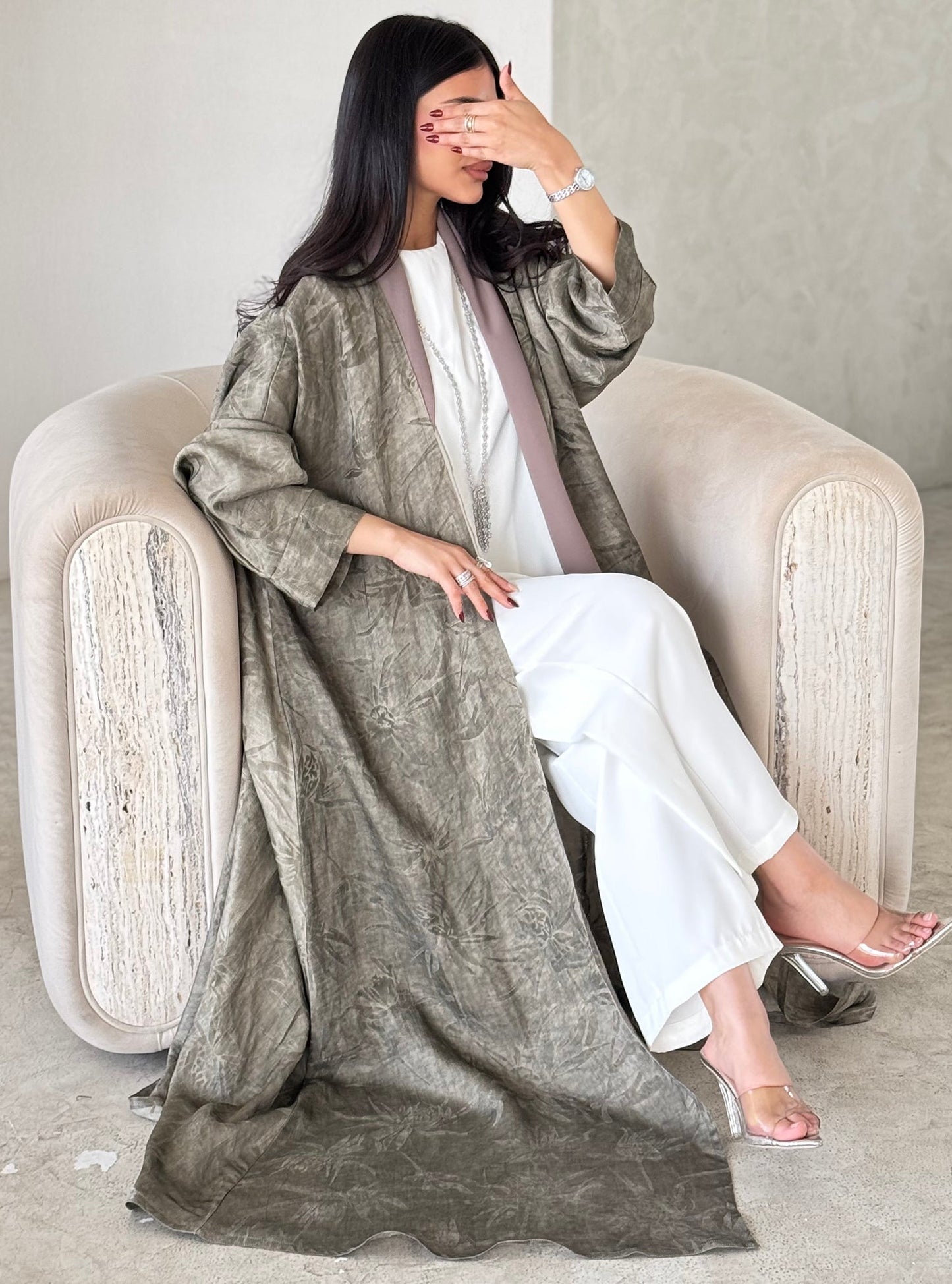 FAB164- Beige Jacquard Silk Abaya