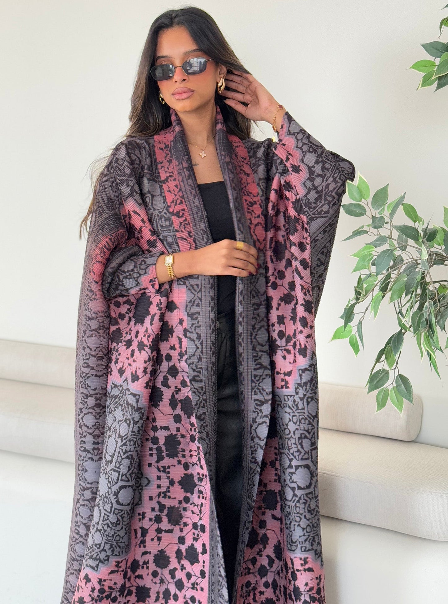 FAB127-Dark Mauve Bisht Pattern Abaya with headscarf