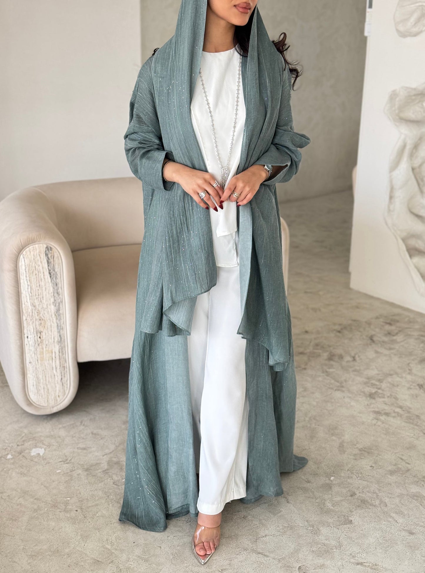 FAB166-Turqoise Glitter Linen A-Cut Abaya Set