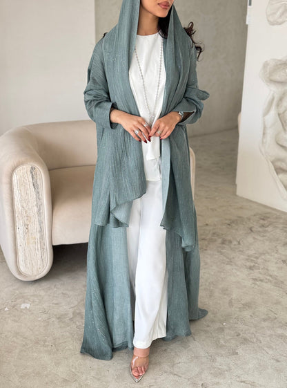 FAB166-Turqoise Glitter Linen A-Cut Abaya Set