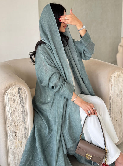 FAB166-Turqoise Glitter Linen A-Cut Abaya Set
