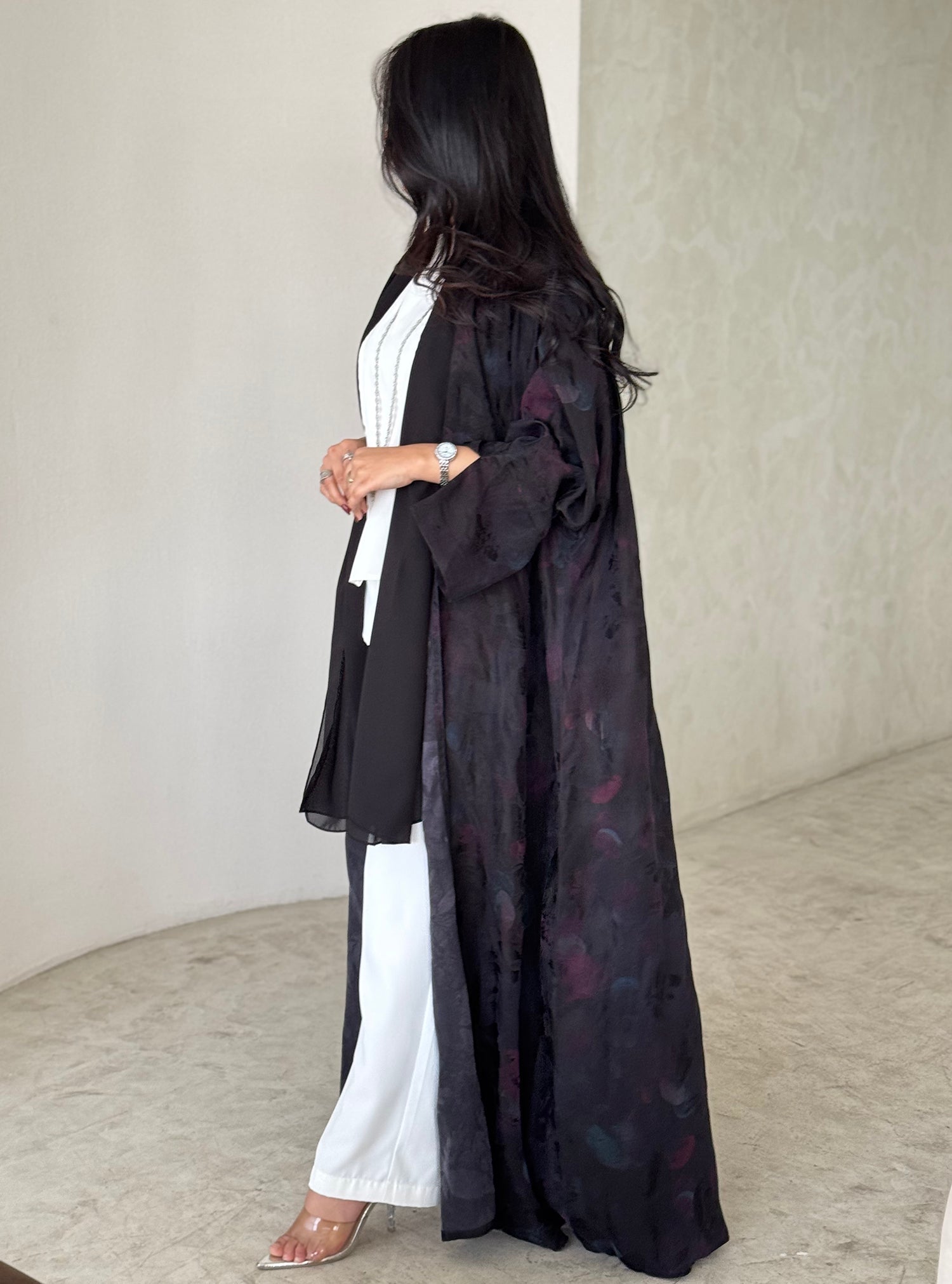 FAB158-Black Rose Jacquard A-Cut Abaya