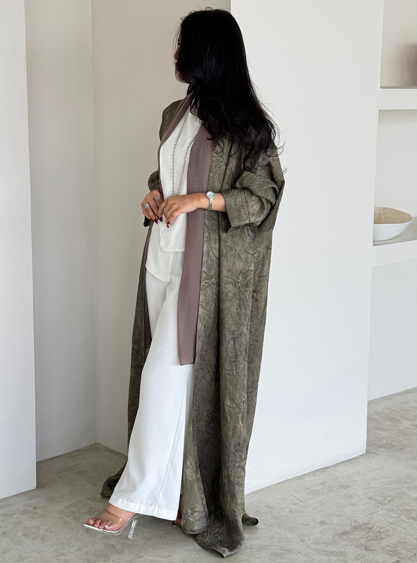 FAB164- Beige Jacquard Silk Abaya