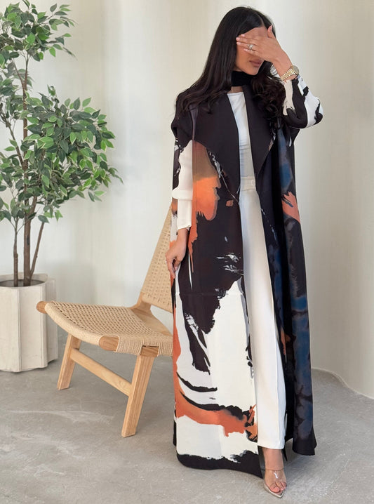FAB130-Black Orange Pattern Pleats Abaya With Headscarf